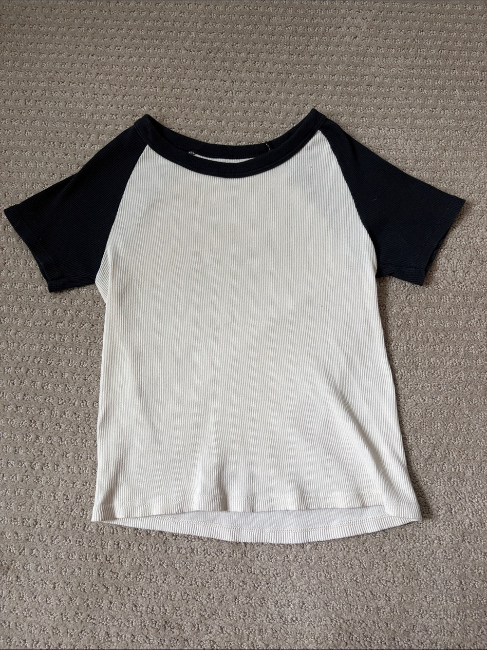 Brandy Melville White Ribbed Tee with Navy Blue Sleeves